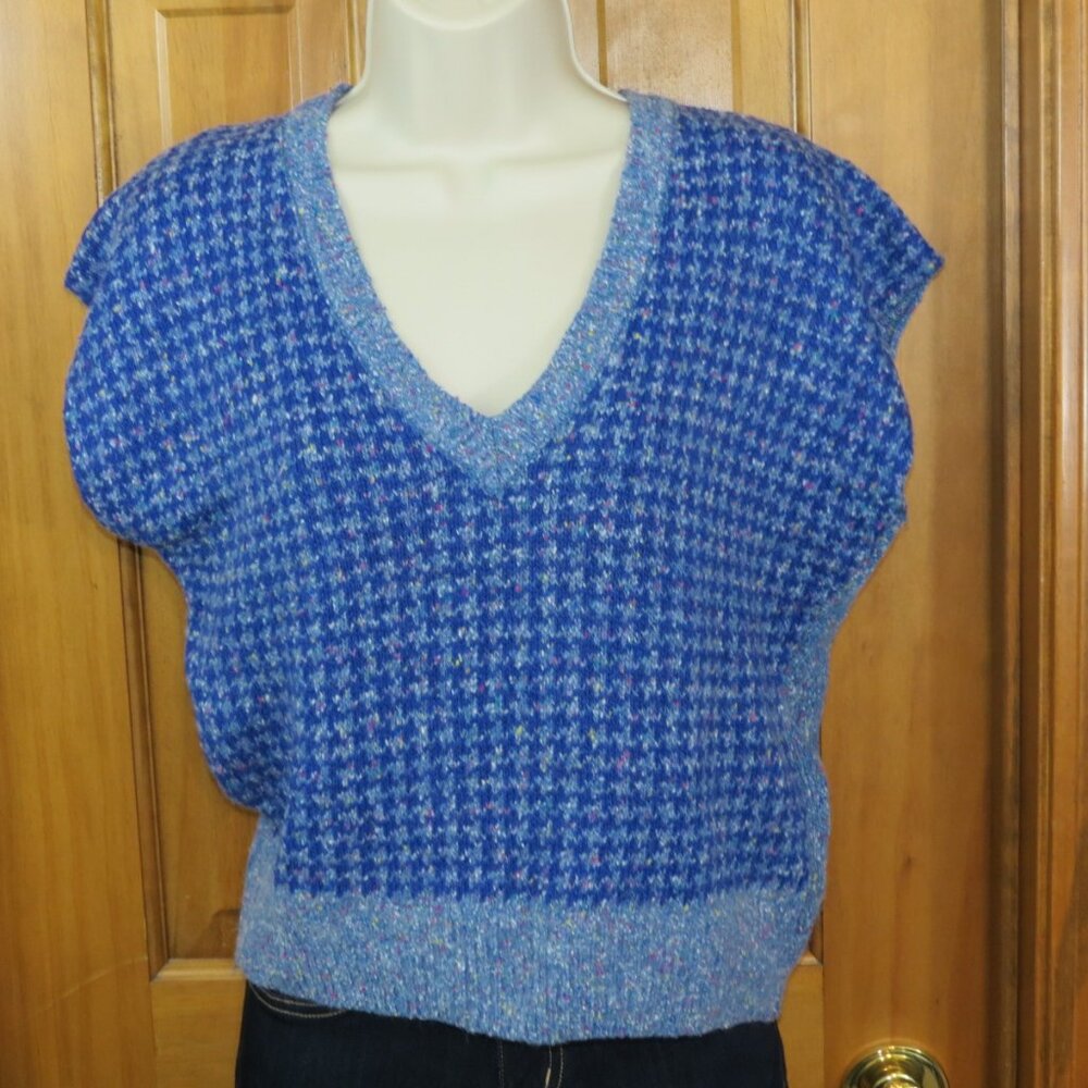 Collage Women's Blue/Grey Herringbone Sweater Vest Silk Linen Angora Size Med
